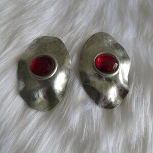 Vintage Red & Hammered Silver Pierced Earrings